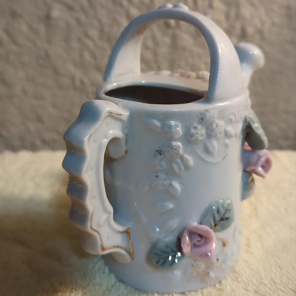 Vintage 1950's 3D Vase Pink Roses Ribbed Watering Can Japan Gold Trim